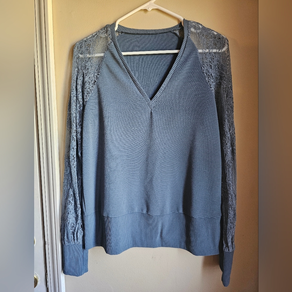 Blue V-Neck with Lace Sleeves